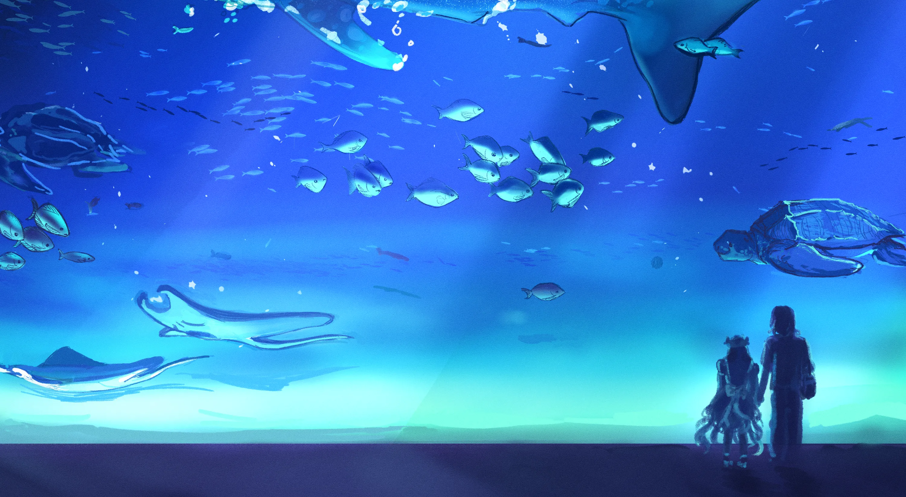 drawing of whale shark, turtles, and manta rays swimming by as a girl and a guy stand next to each other