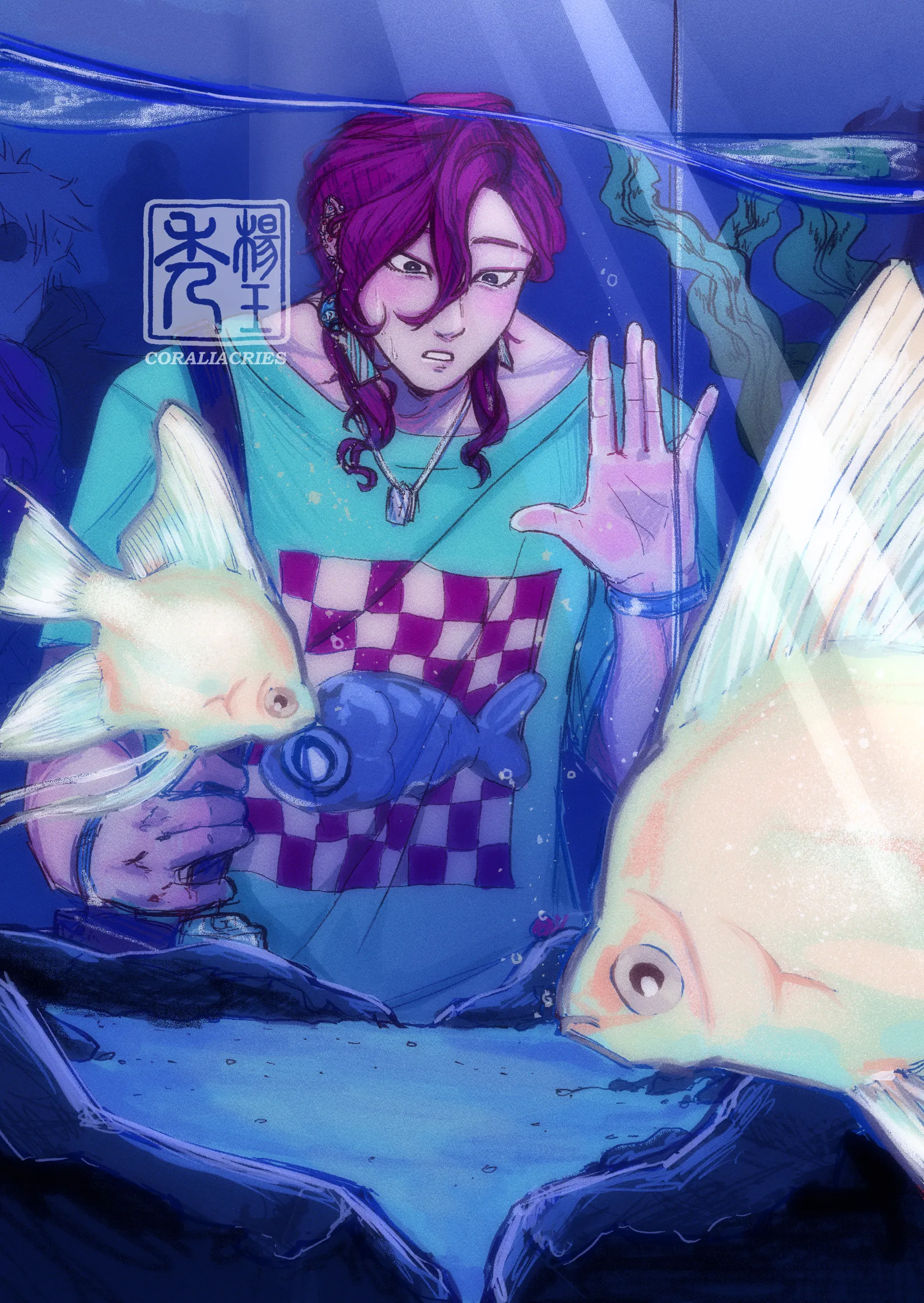 drawing of man with pink hair, and pale skin through a aquarium glass, with angel fish swimming by