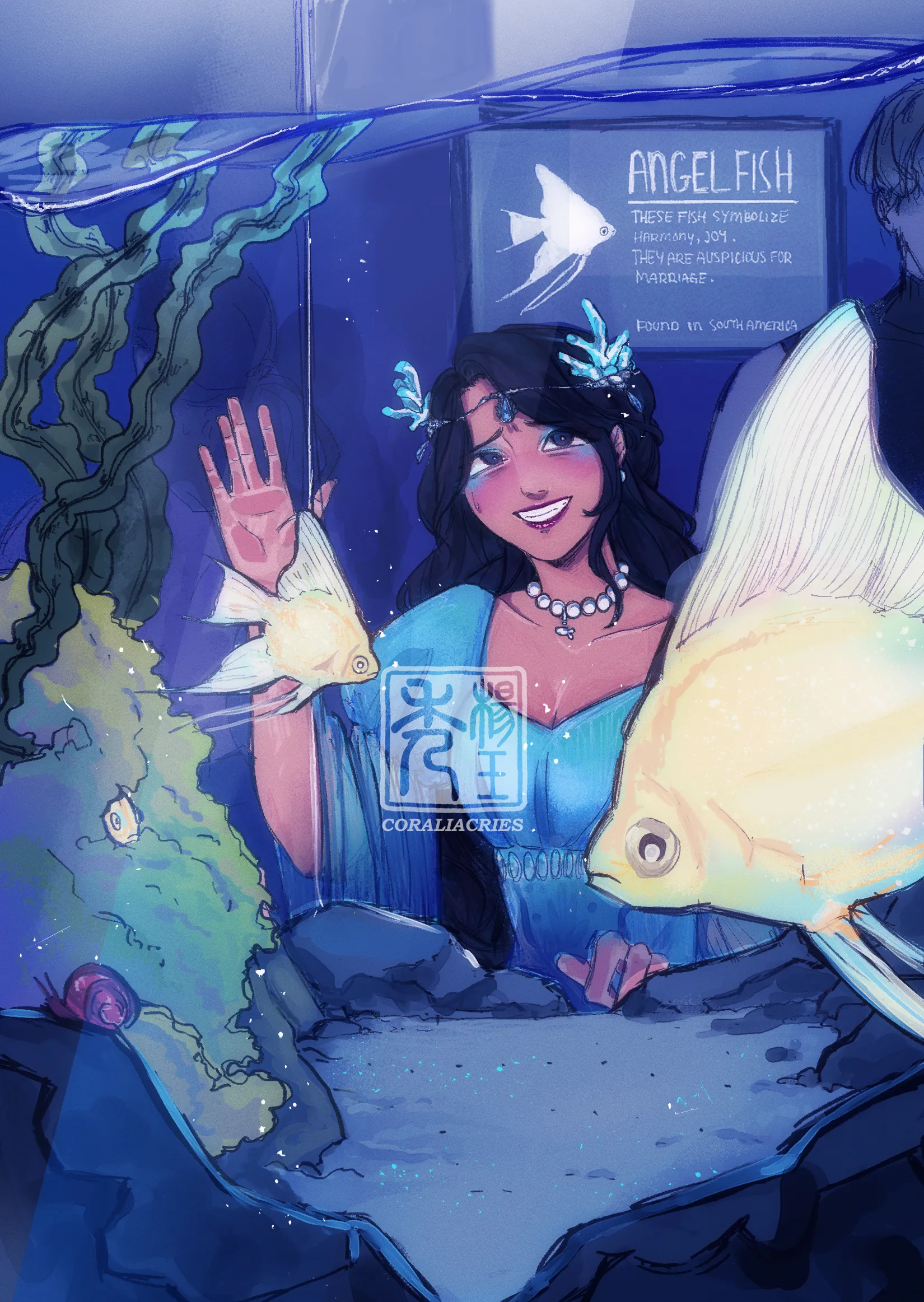 drawing of woman with black hair, and tanned skin. Dressed in blue coral princess clothes through a aquarium glass, with angel fish swimming by
